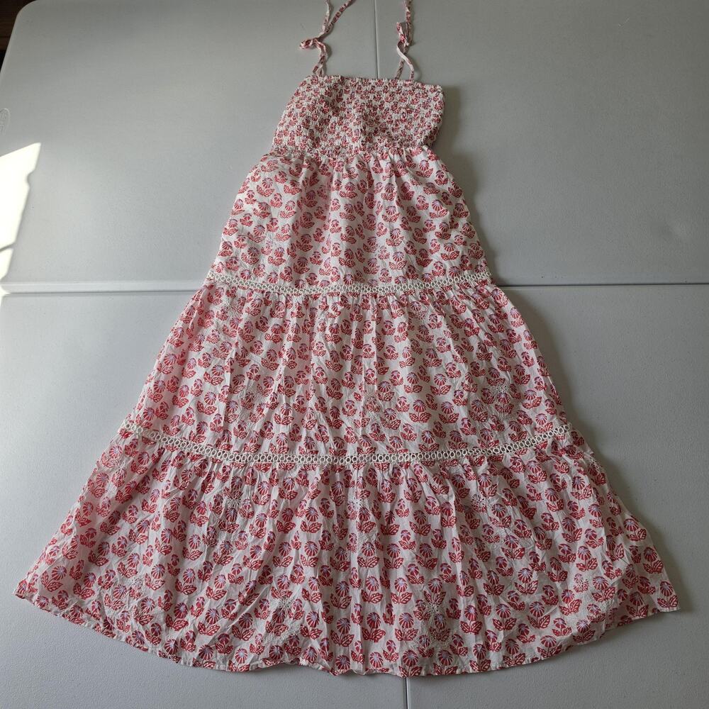 Roller Rabbit Dress Womens S White Red Floral Smocked Tiered Maxi Sundress Boho